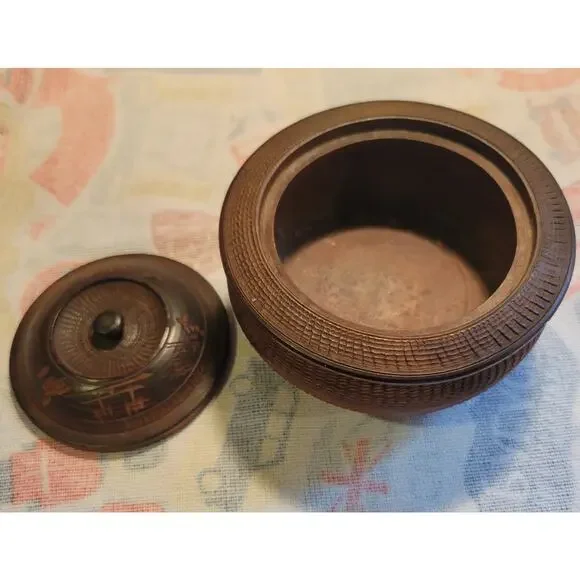 Vintage Wooden Japanese Rice Bowl and Lid 4 round 3 Tall Torii Gate Mount Fuji